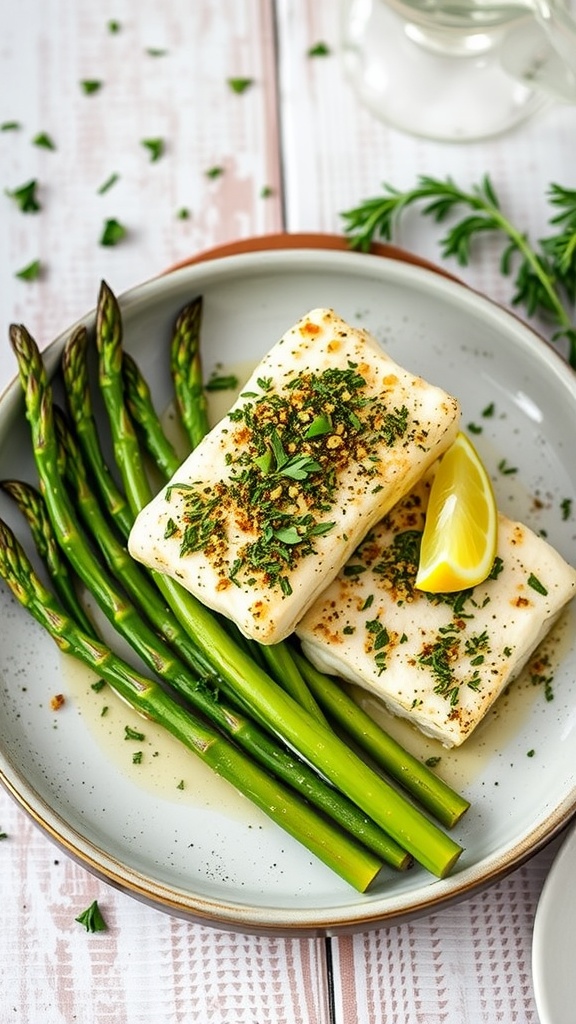 Herb-crusted oven-baked cod fillet with asparagus, garnished with lemon on a rustic plate.